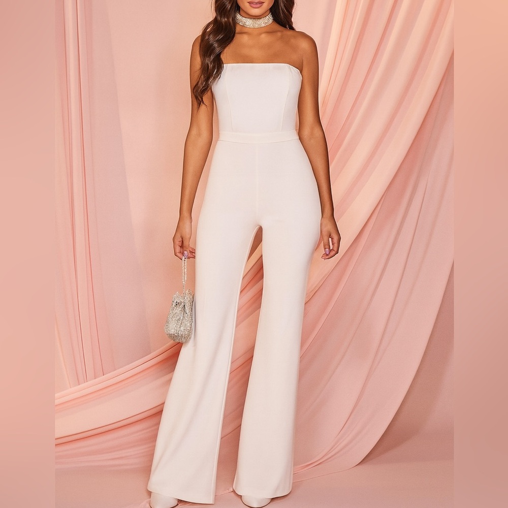 Alice + Olivia Lavera Off White Strapless Wide-Leg Jumpsuit | NWT